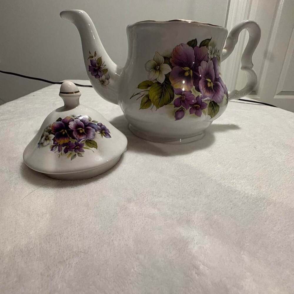 Royal Caldone English Porcelain Teapot with Purple Floral Pattern